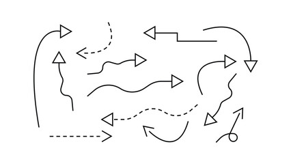 black outline arrows collection featuring solid dashed wavy curved lines and various directions