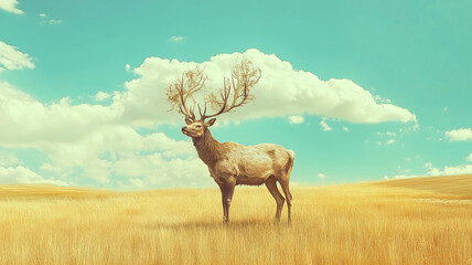 Majestic elk in golden field under vibrant blue sky and fluffy clouds