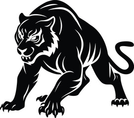 Crouching Tiger Silhouette with Fierce Expression and Curved Tail