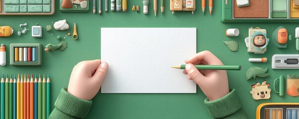 Person holding pencil surrounded by colorful stationery on a green desk