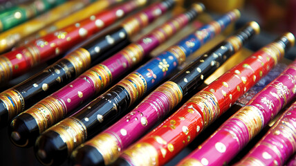 Colorful traditional indian flutes with intricate designs in a market display