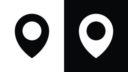 Two inverted color location pin icons black on white and white on black side by side