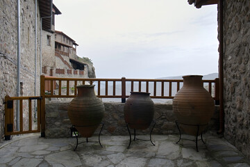 Amphorae in the Meteora Monastery in Trikala, Thessaly, Greece. UNESCO World Heritage.