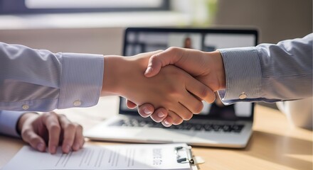 Business professionals shaking hands during a meeting with a laptop in the background symbolizing a successful partnership
