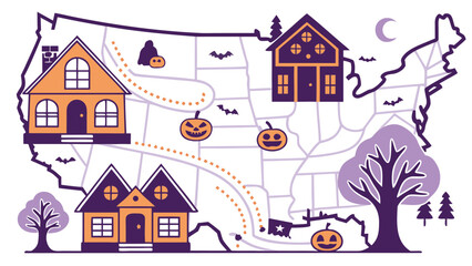 Halloween themed map of the united states with houses pumpkins bats trees and a crescent moon design