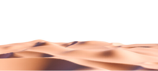 3D realistic sand beach landscape isolated on a transparent background. Render of desert dunes with sandy texture. Beach travel, product podium, and summer sale concept. 3D realistic vector