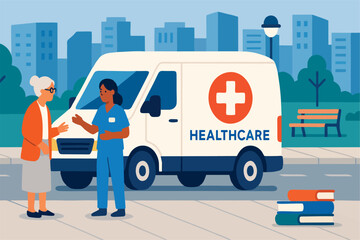 Isometric Flat Vector Illustration of Mobile Healthcare Van with Nurse Assisting Elderly Woman in Urban City Setting