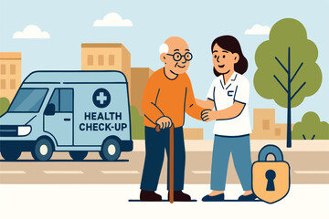Flat Vector of Mobile Medical Van Providing Free Health Checkup for Seniors in Urban Neighborhood
