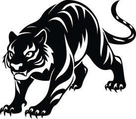 Crouching Tiger Silhouette with Fierce Expression and Curved Tail