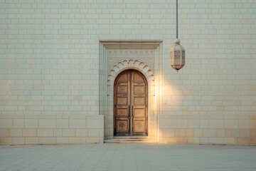 Ornate wooden door set in a textured white stone wall with hanging lantern