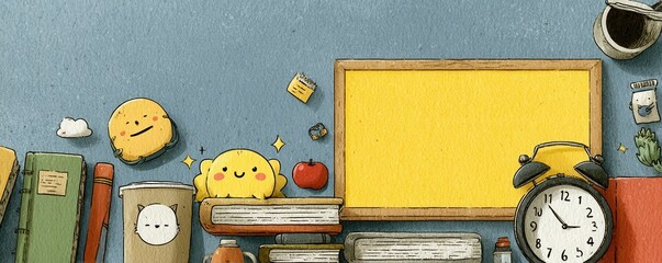 Whimsical desk scene with books, clock, and cute cartoon illustrations