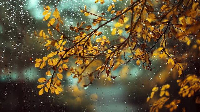 Rain-dappled glass shimmering over an abstract autumn background as golden leaves cling to wet park branches against a blurred october landscape beyond