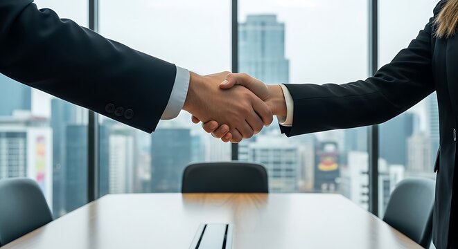 Two business people shaking hands across a conference table with a city skyline in the background