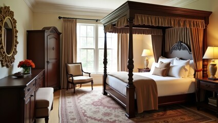 Luxurious bedroom with a four-poster bed and antique furnishings.
