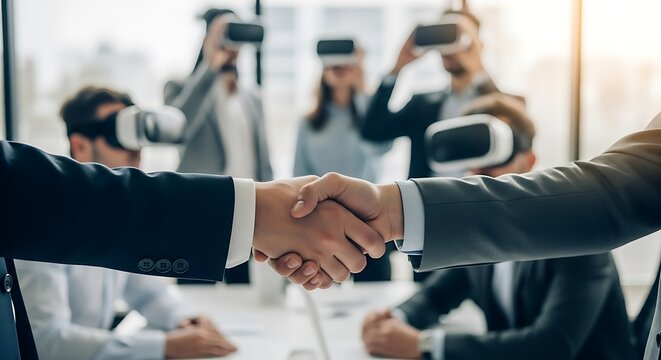 Two people wearing vr headsets shaking hands in a modern office during a business meeting