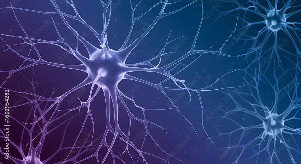 Poster abstract depiction of nerve cells with branching dendrites on a gradient blue and purple background