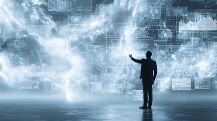Businessman Interacting with Futuristic Holographic Data Interface:  Digital Transformation Concept