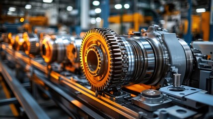 Fototapeta premium Industrial machinery with gears and metal parts on a conveyor
