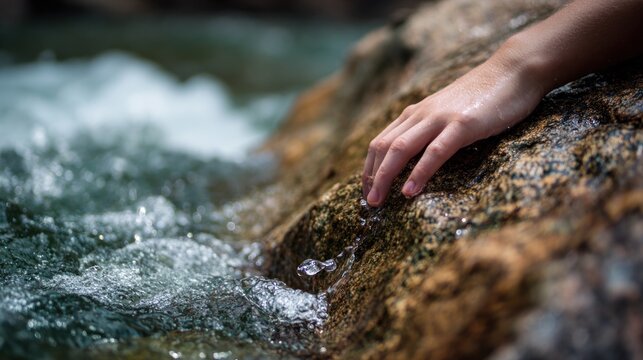 Child's hand touches a rock at the edge of a flowing stream