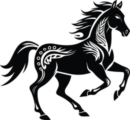 Decorative Horse Silhouette in Motion with Flowing Mane and Ornamental Line Patterns