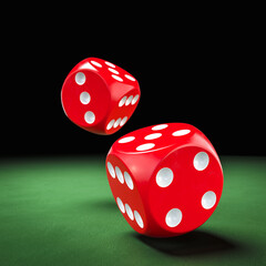 Two red dice rolling on green table in casino 3d