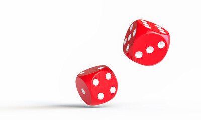 3d Two red dice falling on white background