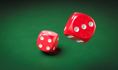 Red dice rolling on green table gambling game 3d