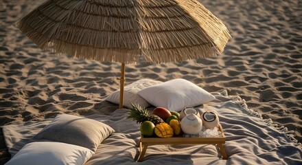 Beach picnic setup with straw umbrella, pillows, blanket, and tray of tropical fruits and coconuts