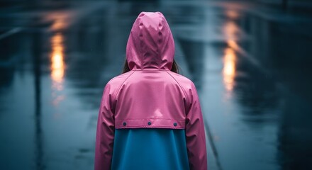 Back view of person in pink and blue raincoat with hood up standing in a wet street at night time