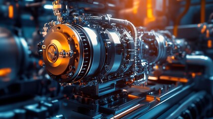 Obraz premium A close-up of a sophisticated, high-tech mechanical component with intricate metal parts and glowing orange light, set in an industrial or engineering environment.