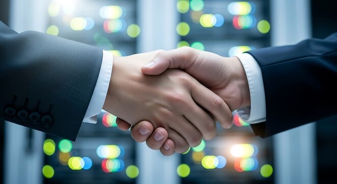 Business partners shaking hands in front of a server room with colorful lights - Powered by Adobe