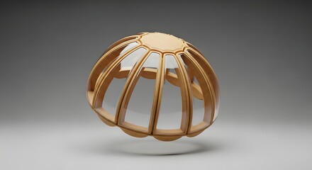 A translucent dome structure with wooden frame sections on a neutral gray gradient background space art