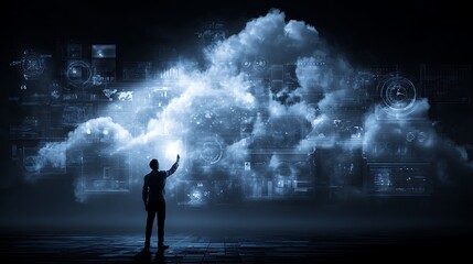 Silhouette of businessman interacting with futuristic holographic cloud computing interface; dark, moody, technological concept.