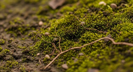A close up view of green moss growing on dirt with small twigs and pebbles scattered around it