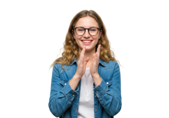 young caucasian woman with long blonde wavy hair and dark-framed eyeglasses, wearing a blue denim shirt, joyfully clapping hands and smiling at camera on clean white studio background with copy