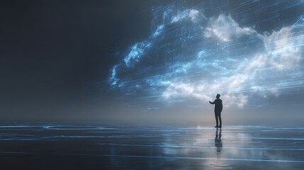 Silhouette of businessman interacting with futuristic digital cloud data interface; abstract, moody, technological concept.