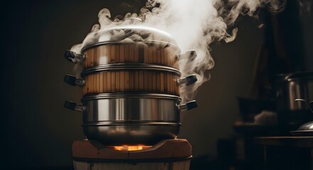 A steaming pot on a stove with smoke rising into the air in a dark kitchen setting illuminated by fire