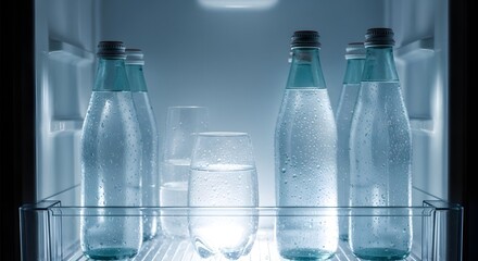 Bottles and glasses filled with water inside a refrigerator with condensation on the surface area