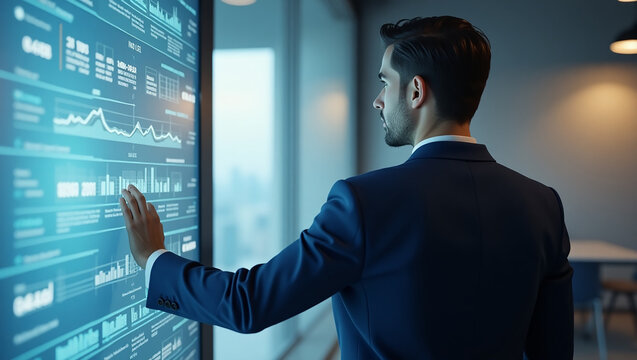 Young businessman in navy blue suit standing beside interactive screen in a minimalist high-rise office, back view with subtle head turn, confidently presenting year-over-year trend shifts to an unsee