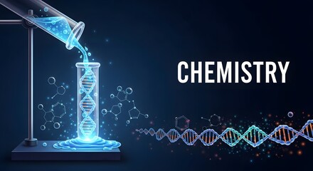 Illustration of chemistry concept with test tubes dna and molecules on a dark blue background art