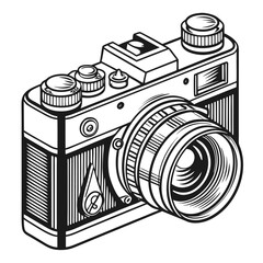 An isolated, old-fashioned black and white retro 35mm film camera with a classic lens and open aperture for vintage photography