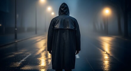 Person in a dark raincoat standing on a wet street under streetlights in foggy weather at night