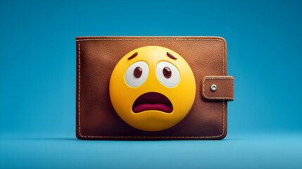 Cartoon Style Image of an Empty Wallet with a Shocked Emoji Hovering Above to Express Financial Surprise or Concern