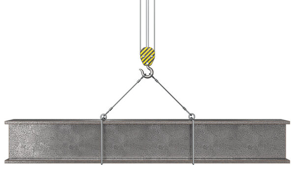 Crane hook lifting steel beam on transparent background 3d