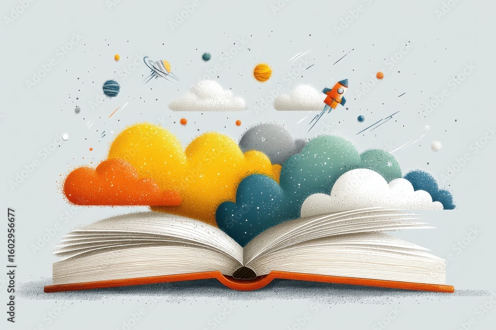 Poster open book with colorful clouds and space-themed imaginative elements