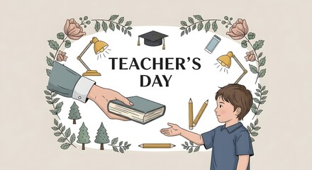 Illustration of teacher's day with a hand giving a book to a child inside floral frame design