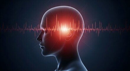 Side profile of a human head with red glowing brain activity and waveform visualization on a dark background