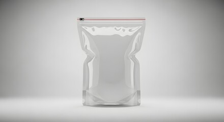 A clear plastic stand up pouch with a red zipper seal on a white background in a studio setting