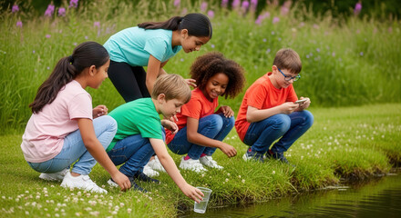 Group of children enjoying a summer day by a pond, observing water and insects and learning outdoors.