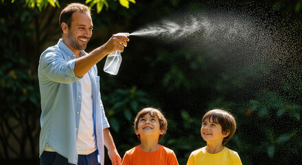 Joyful dad cooling off his two sons with a water spray bottle during a sunny summer day, creating laughter and refreshing fun.